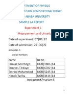 Experiment 1 Measurement and Uncertainty: Department of Physics Addis Ababa University Sample La Report