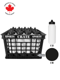 Coach Crate With Membrane-Top Bottles: Shop Canadian! Includes 1 Black Sports Crate With 40 Black Canadian Pro 6oz Hockey Pucks And 16 White 1L Tallboy Bottles