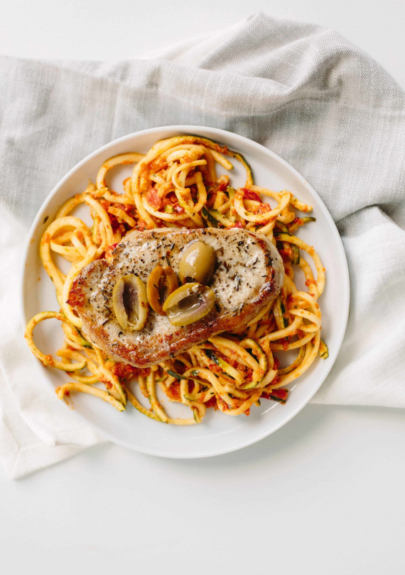 Thyme Pork Chops with Sundried Tomato Zucchini Noodles