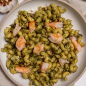 Pesto and Brussels Sprouts Cavatappi with Shrimp