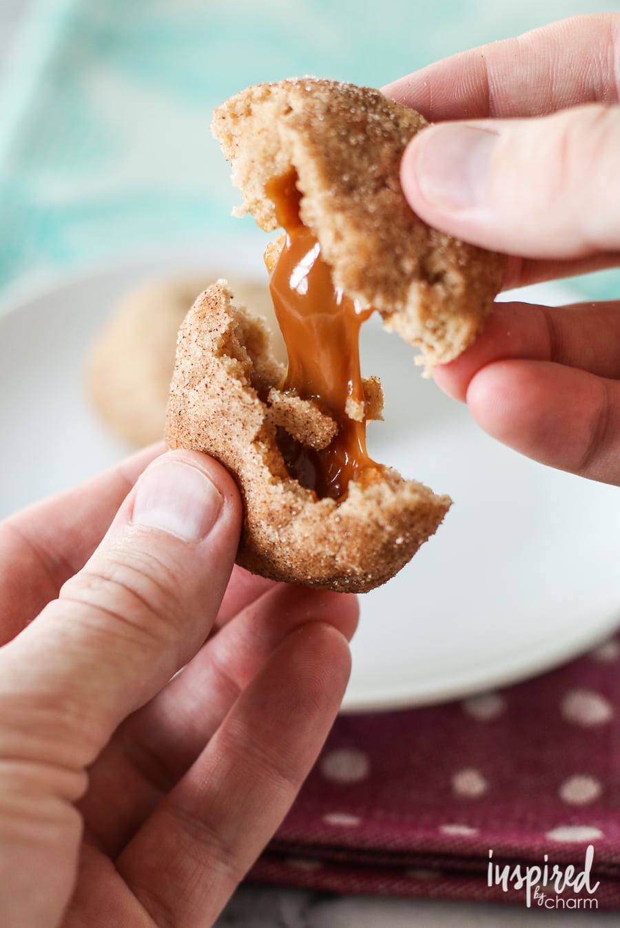 Caramel Apple Butter Snickerdoodle cookie being stretch apart by two hands.