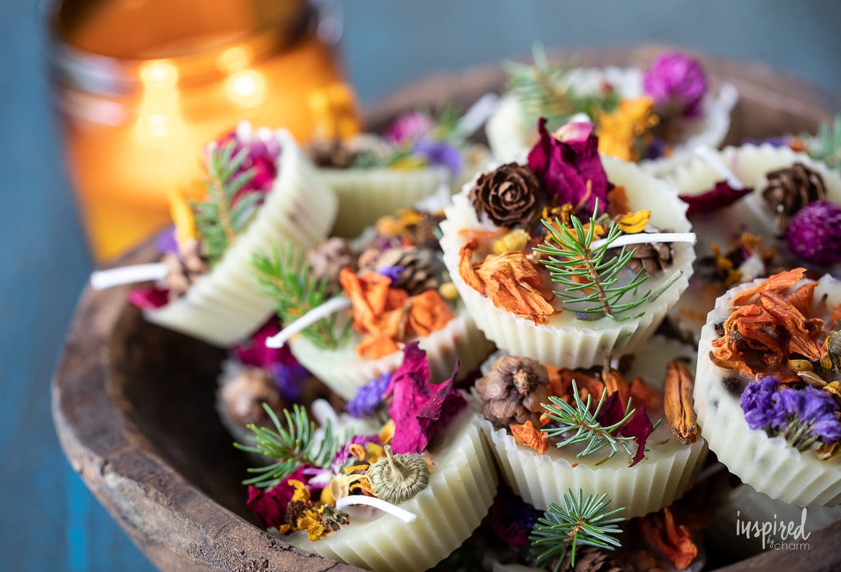 homemade fire starters in a wood bowl.