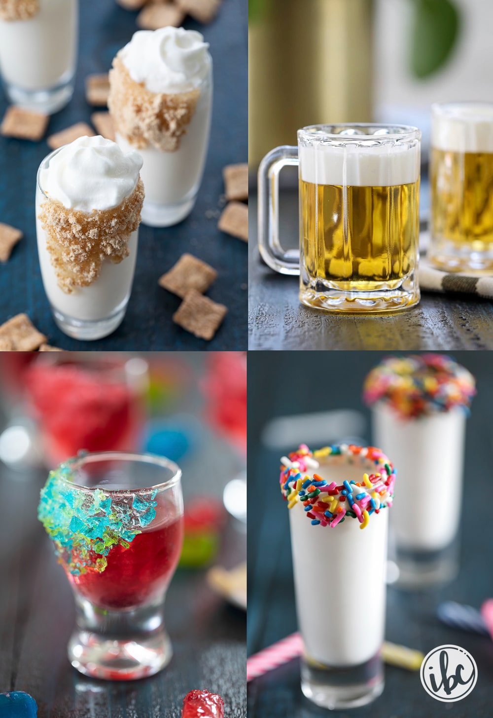 a collage of four unique and colorful shot drinks. 