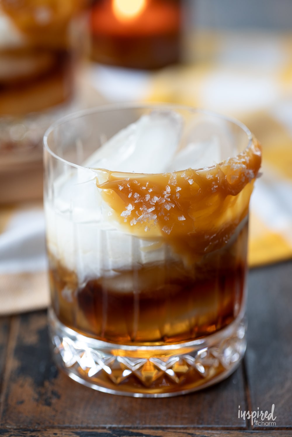 butterscotch white Russian cocktail in a rocks glass with butterscotch garnish.