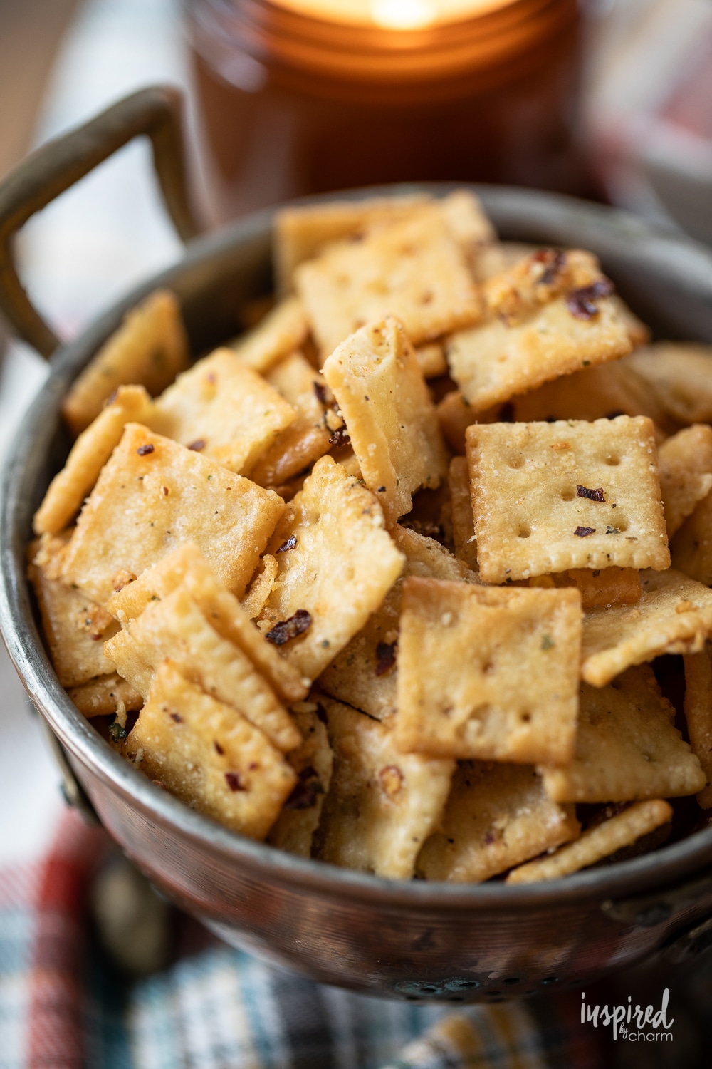 small copper bowl of ranch fire crackers.