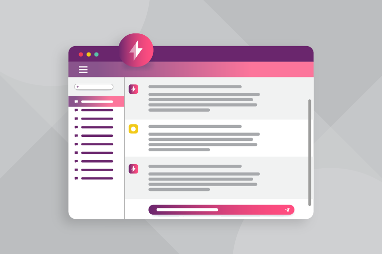 Illustration of Iterable platform with pink and purple colors and iterable lightning bolt icon all on a grey background