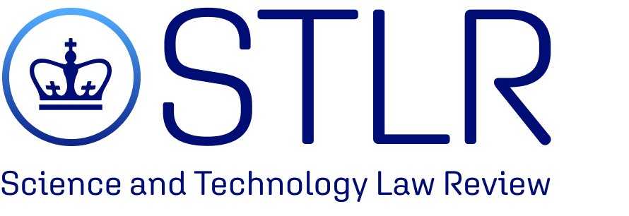 Logo for the Science and Technology Law Review. The Journal's title overlays a blue crown