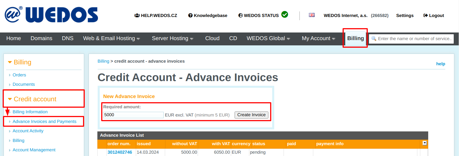 WEDOS Advance invoice creation form