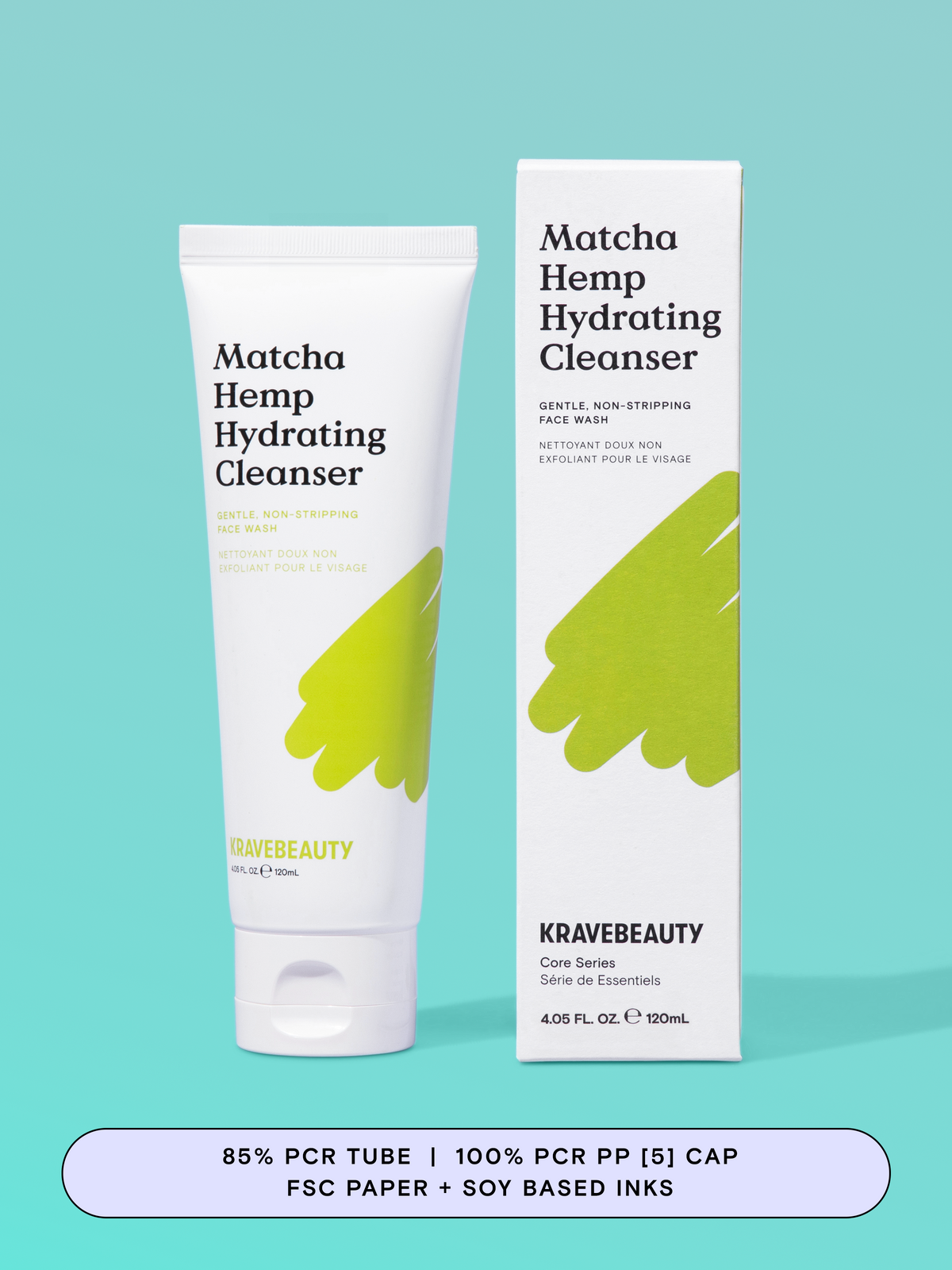 Matcha Hemp Hydrating Cleanser has a 85% PCR tube with a 100% PCR PP [5] cap. Box is made of FSC paper and soy based inks. #size_4.05 oz / 120 ml