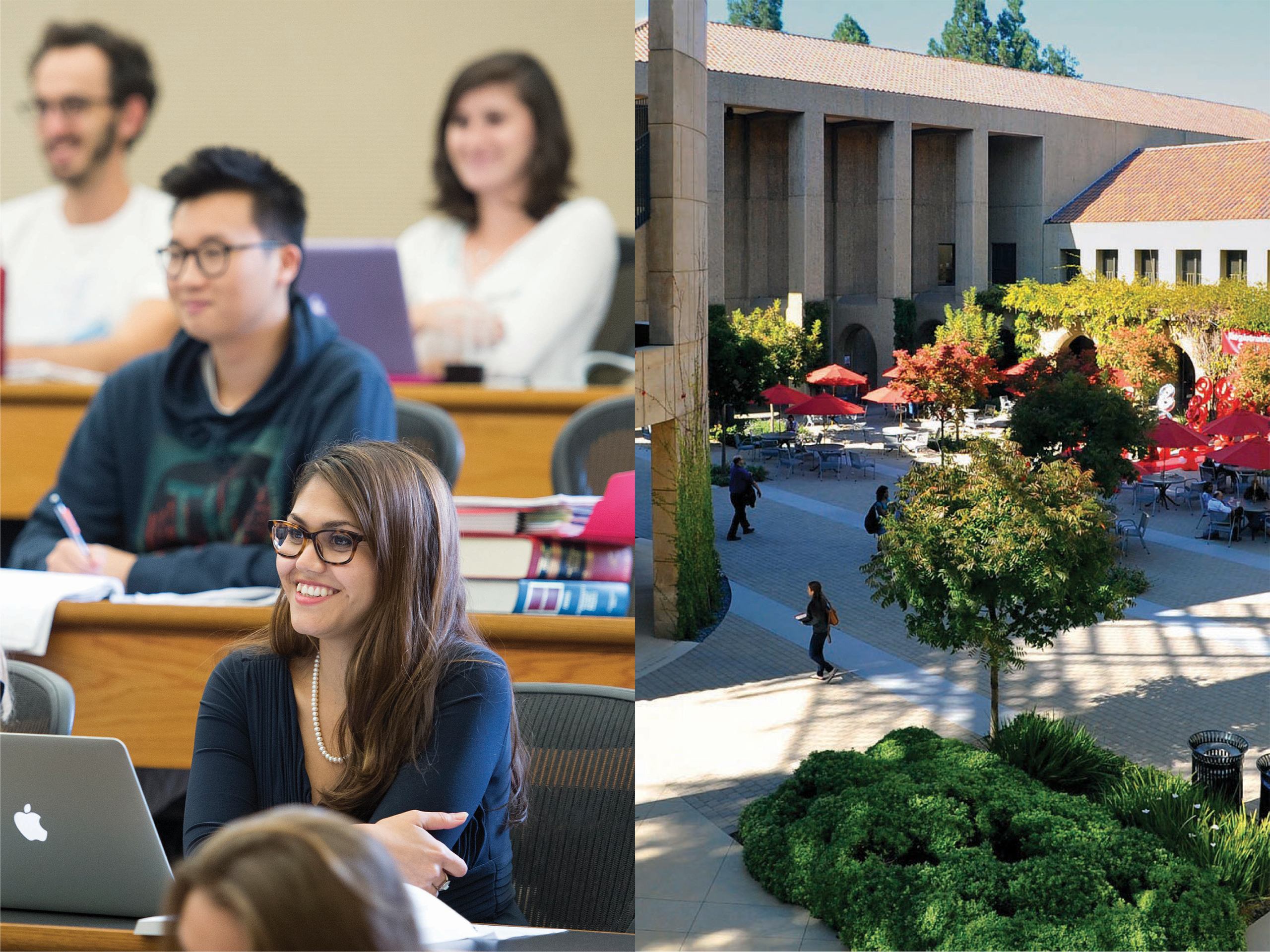 Photos of campus; students in class.