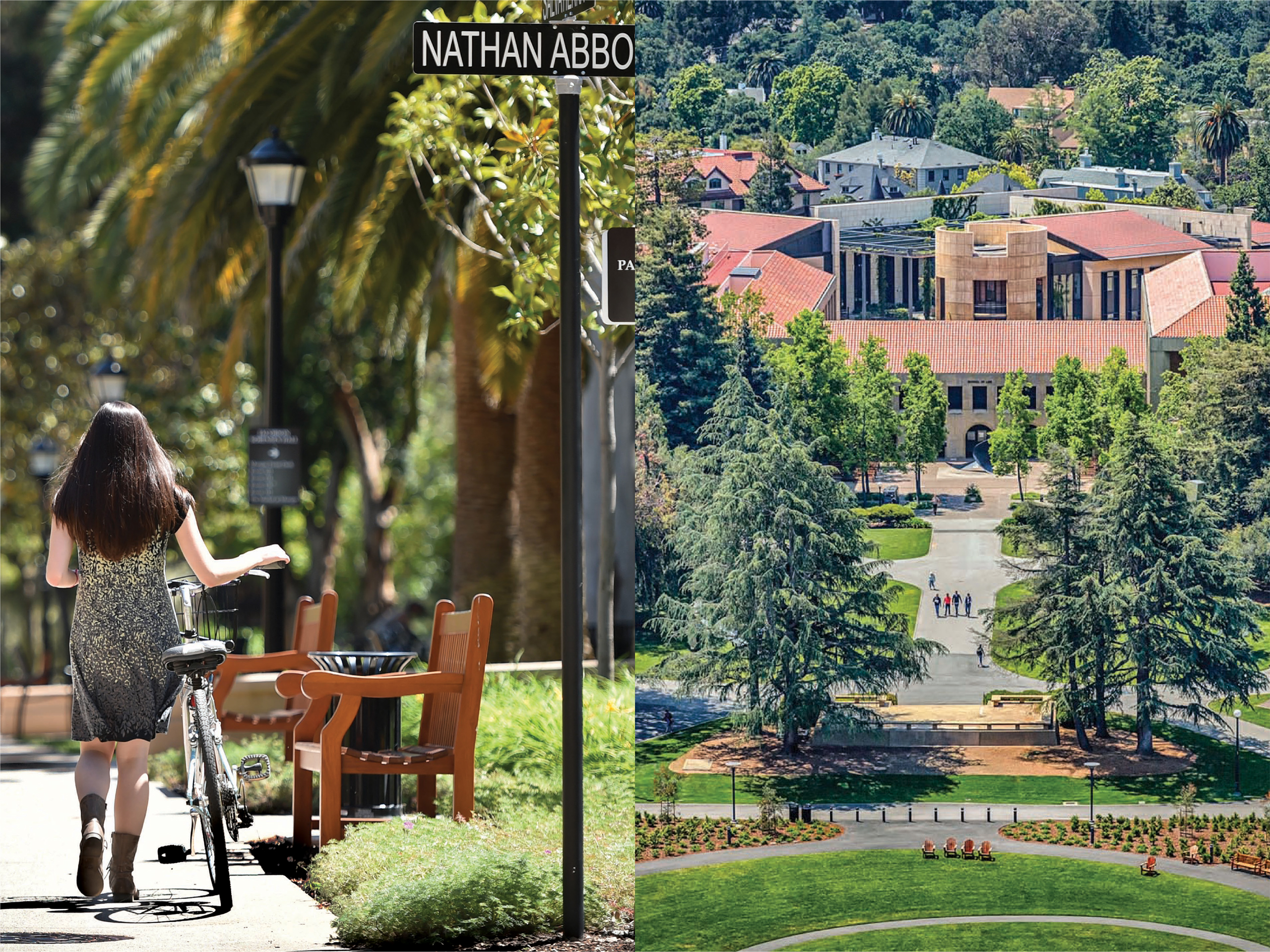 Photos of campus; students walking.