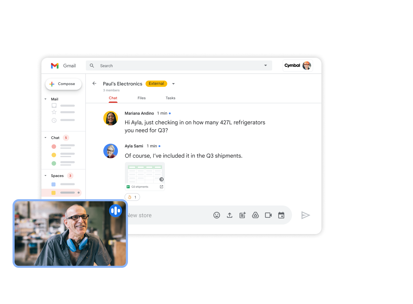 Grafikk som viser Google Workspace-grensesnittet – samarbeid via Gmail og Meet