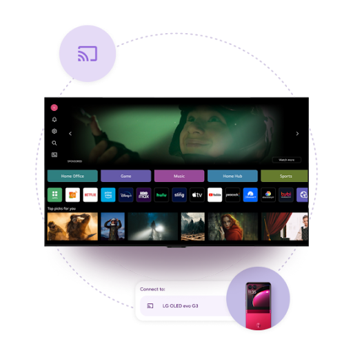 Screen ng TV na nagpapakita ng interface ng Google TV at icon ng Cast sa sulok. Nasa ibaba ang smartphone na nagpapakita ng "Kumonekta sa: LG OLED evo G3" na nagpapahiwatig ng nakapares na device.
