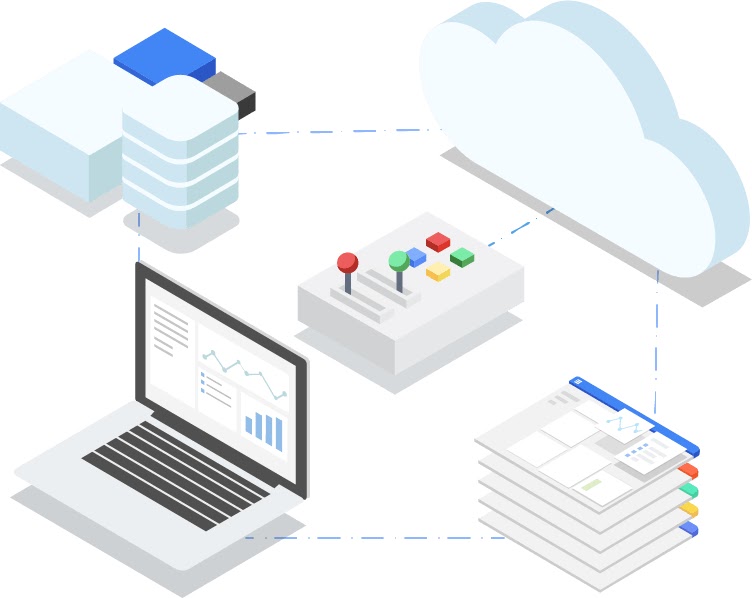 Illustration of a laptop, data base, stack of web pages, and game controller linked to cloud.