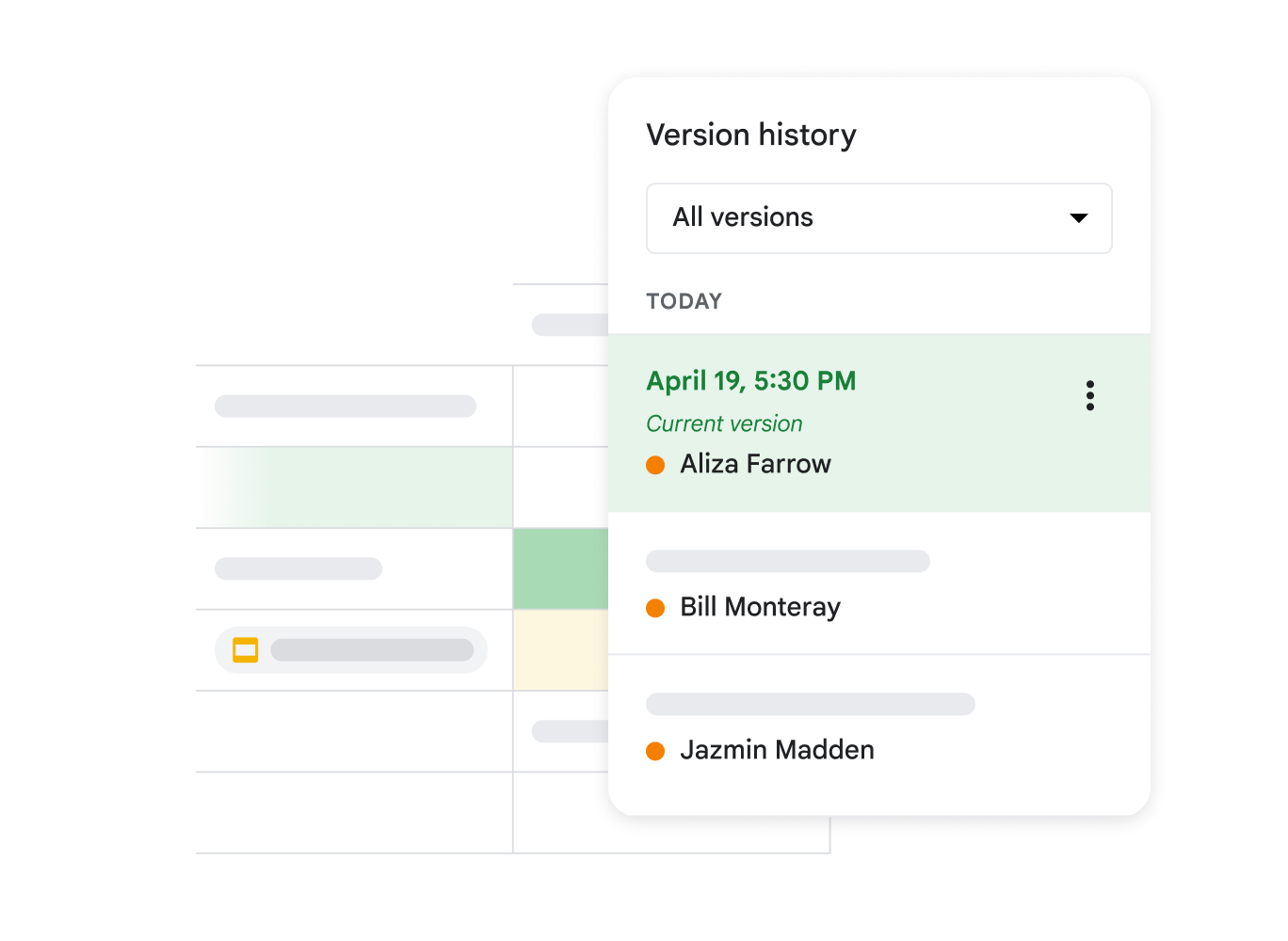 UI de l'historique des versions dans Sheets