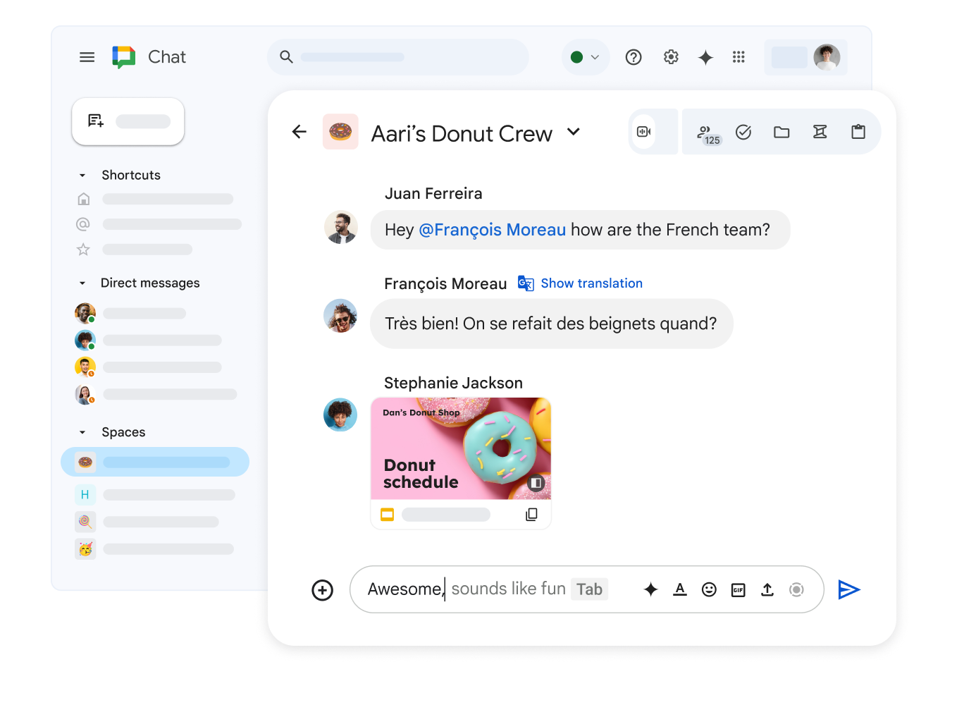 Pokój Google Chat o nazwie „Pączkowa ekipa Dana”, w którym widać udostępnioną prezentację Google oraz wiadomość w języku francuskim z opcją wyświetlenia tłumaczenia.