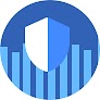 Icône en forme de cercle bleu représentant un bouclier par-dessus un graphique à barres