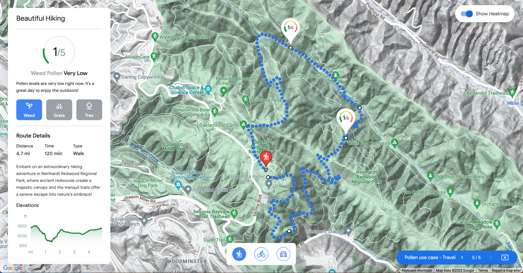 Hiking route recommendations based on pollen levels