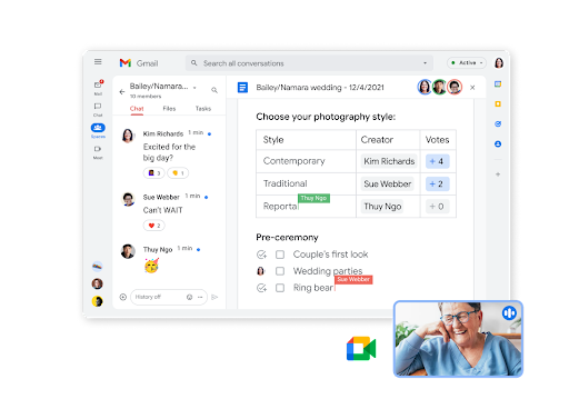 Chattfunktion i Gmail med samarbete i dokument och videochatt på en skärm