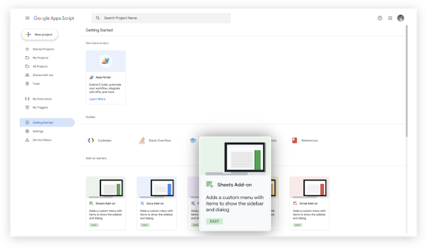Bærbar computer viser Apps Script-platformen med valgt Google Sheets-tilføjelse