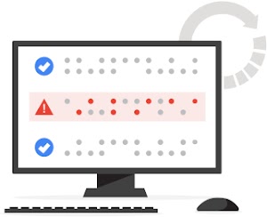 3 行のデータが表示されているパソコン モニターのイラスト。最上位と下位の行の左に青いチェックマーク、中央の行には感嘆符付きの赤い三角形がある