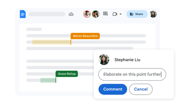 Google Docsin käyttöliittymä, jossa näkyy useita käyttäjiä ja kommentteja. 
