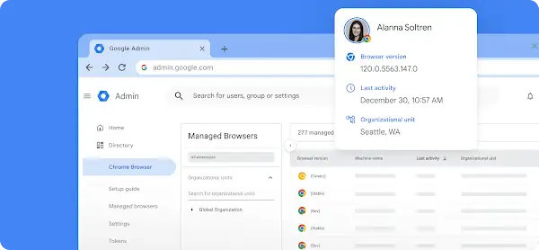 Google Admin window showing Chrome Browser tab information