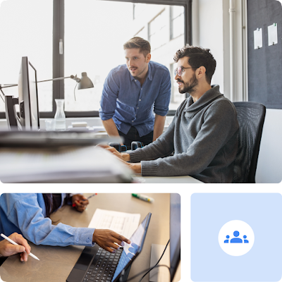 Colagem de imagens mostrando dois homens trabalhando em um escritório, um close de pessoas trabalhando juntas em um laptop e um ícone representando equipes.