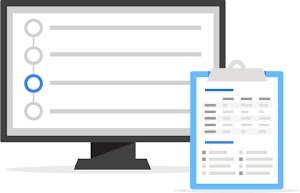 Ilustración de un monitor de computadora que muestra una lista de texto con un portapapeles en primer plano