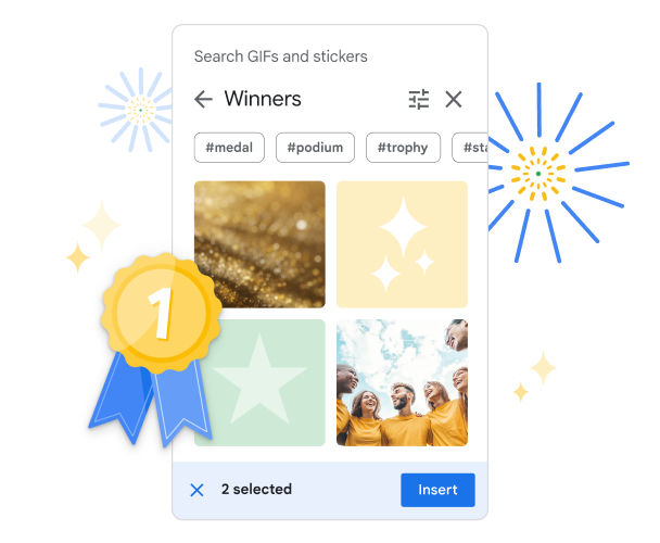 Google 幻灯片中的 GIF 和贴纸微件，显示了一系列“获胜者”主题的贴纸。