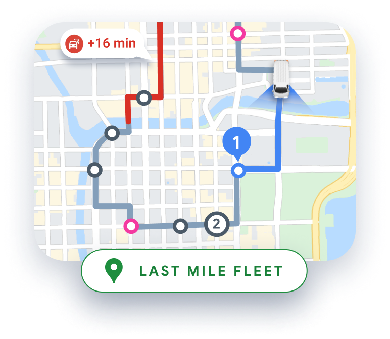 Package delivery person with map showing the locations of three numbered delivery trucks