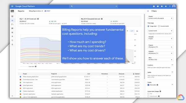 左上に「Google Cloud Platform 請求レポートのデモ」と書かれた、パソコン モニターを撮影した動画の静止画像。モニター中央のインセットには次のように書かれている。「請求レポートは、次のような費用に関する基本的な質問に答えるのに役立ちます。どのぐらいの費用がかかっているか。費用にはどのような傾向があるか。コストアップの要因は何か。こうした質問それぞれについて、答えを見つける方法をご紹介します。」