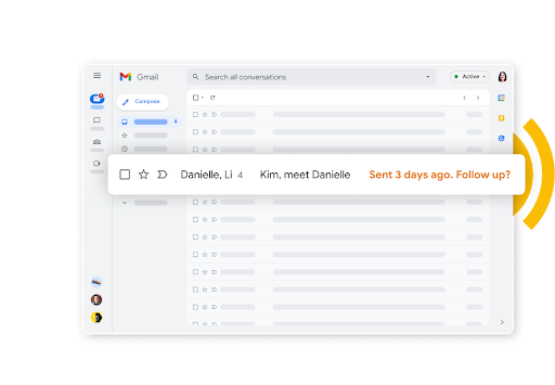 Inkorg i Gmail inbox med uppföljningspåminnelse i orange text