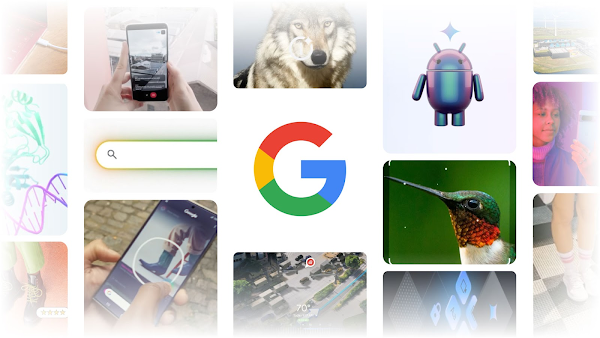 Una retícula de imágenes con el logotipo de Google en el centro. Las imágenes incluyen un colibrí, un lobo con un círculo y un diamante de IA superpuestos, alguien utilizando Busca con un Círculo para buscar en un teléfono móvil, alguien haciendo una demostración del Proyecto Astra en un teléfono, un robot de Android, la barra de búsqueda de Google y otras.