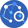 Icône en forme de cercle bleu avec des nœuds interconnectés et une loupe observant l'un d'entre eux