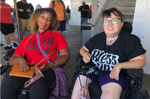 Andraéa LaVant and Stacey Park Milbern riding the San Francisco Bay Ferry together.