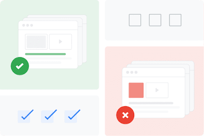 Une page Web marquée d'une coche verte et opposée à une page Web marquée d'une croix rouge pour illustrer le rôle des règles dans la gouvernance de l'écosystème Google.