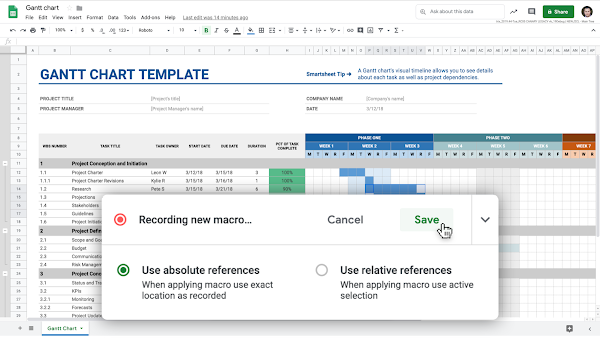 Gantt-kaavio Google Sheetsissä, näytöllä näkyy teksti "Recording new macro" (Tallennetaan uutta makroa). 