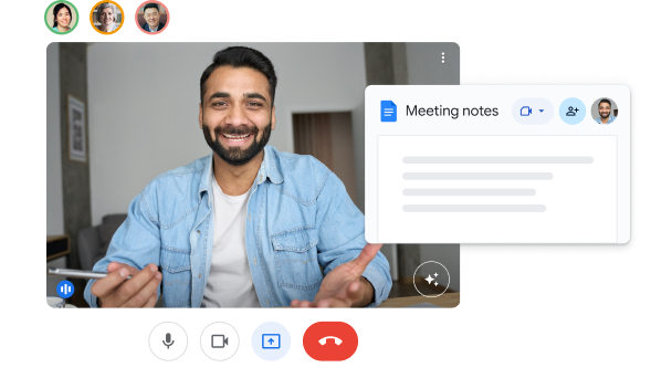 Google Meet-UI med flere personer og et Google-dokument kalt «Meeting notes». 