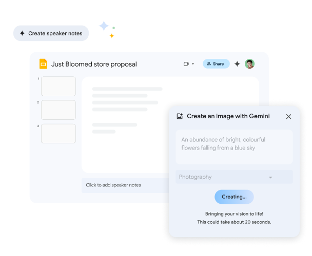 Gemini luo kuvan Slides-esityksen pohjalta. Siihen menee noin 20 sekuntia.