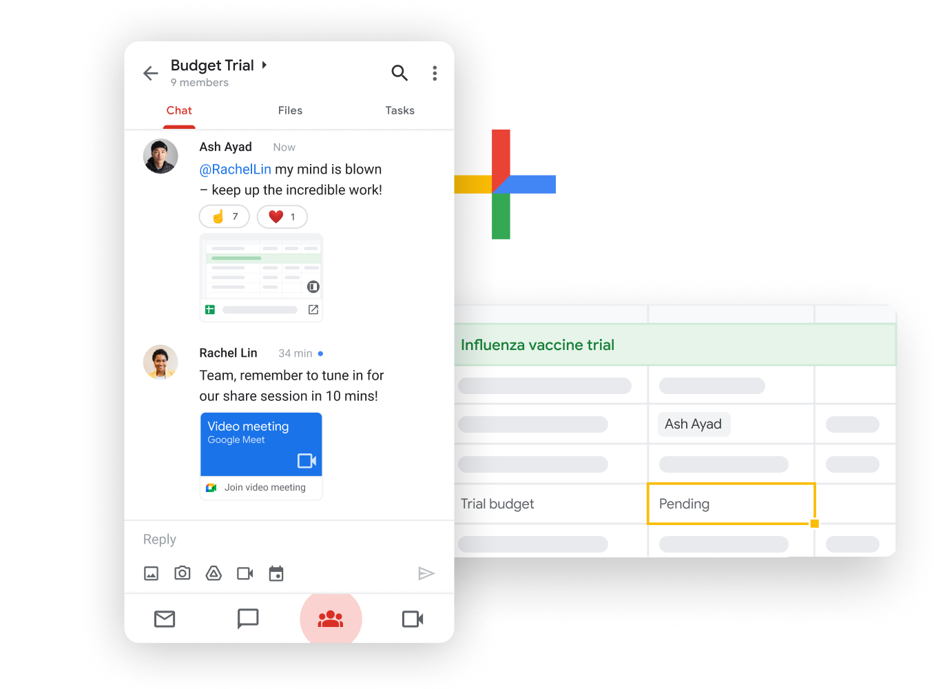 Gambar ilustratif Workspace - rekan satu tim berbagi dan mengedit Google Spreadsheet dengan lancar sekaligus menggunakan Google Chat