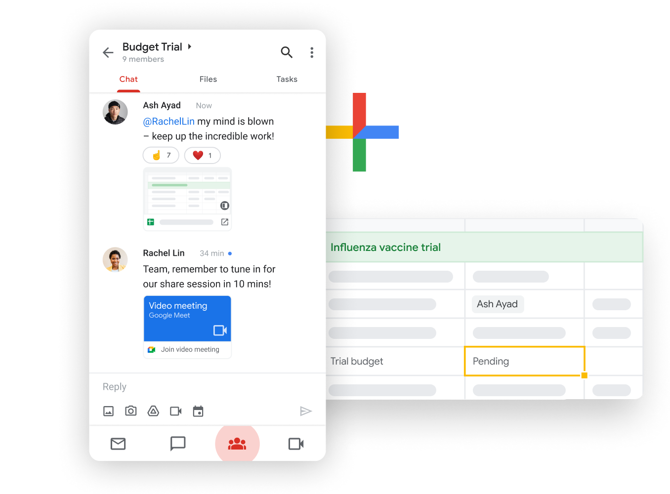 Grafik til illustration af Workspace – medlemmer af et team deler og redigerer Google-regneark problemfrit med Google Chat