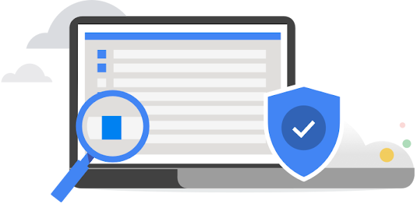 Gráfico con ordenador, lupa y marca de verificación