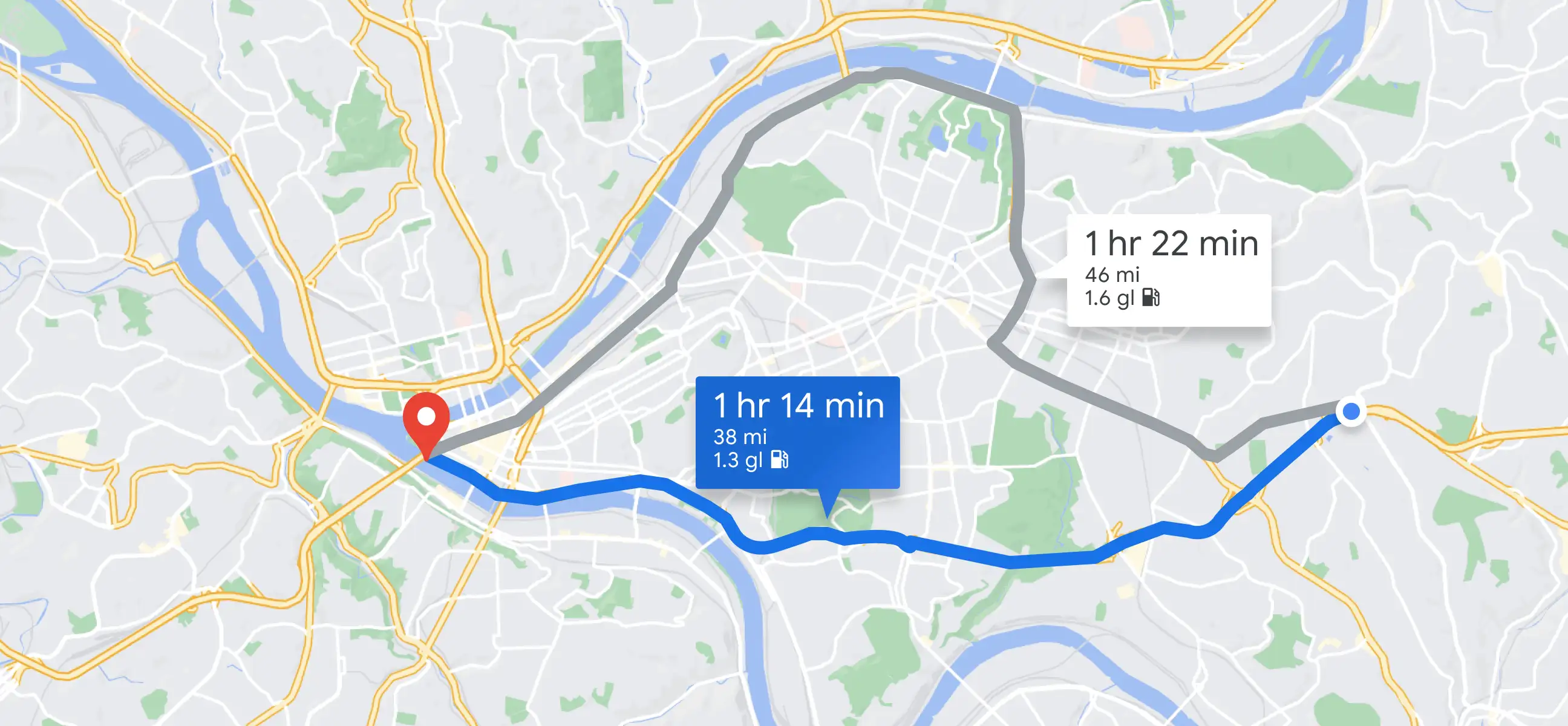 Carte comparant les frais de carburant entre deux itinéraires