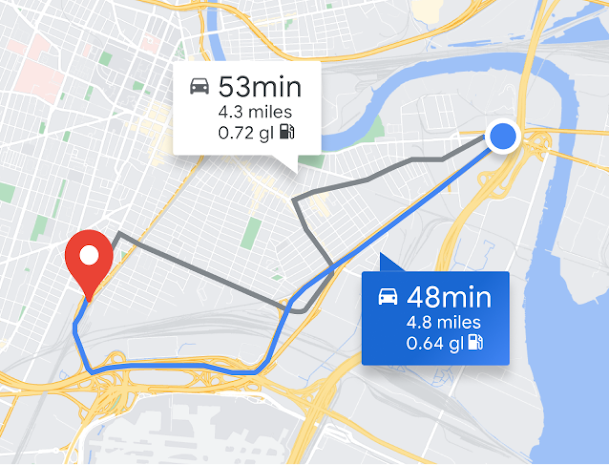 A map of two routes that have different associated costs