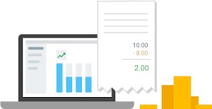 Drawing of laptop showing bar chart with superimposed adding machine ticker tape