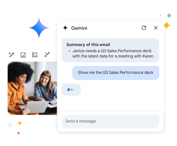Compañeros de trabajo usan Gemini para colaborar en una presentación de ventas