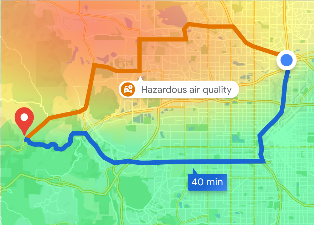 Carte montrant deux itinéraires dans des zones qui présentent des niveaux de pollution différents