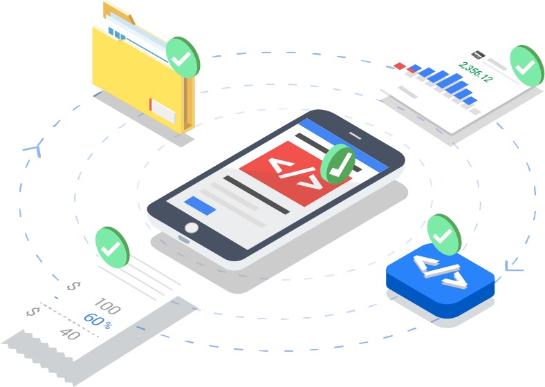 Smartphone with a large html tag onscreen in the center of a dotted circle that encompasses a file folder, blue button with html tag, and documents displaying data, and an adding machine receipt. All 5 items bear a green checkmark.