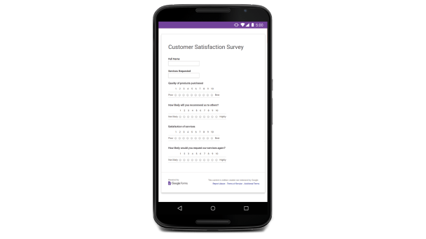 A IU do Google Forms num dispositivo móvel intitulado "Inquérito de satisfação do cliente". 